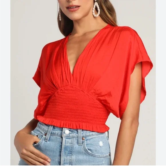 Lulus City Views Red Tie-Back Short Batwing-Sleeve Smocked Top - Picture 3 of 9